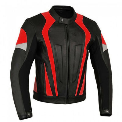 Customized Men Black Motor Bike Red Stripes Genuine Leather Safety Pads Jacket