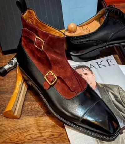 New Men Handmade Black & Burgundy Leather Suede Ankle High Caps Toe Monk Strap Boots for Men's