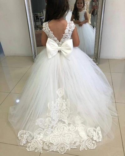 A-Line Round Neck White Tulle Flower Girl Dresses with Bow