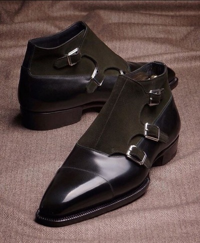 Men New Handmade Black Leather Brown Suede Monk Strap Ankle boot for Men's