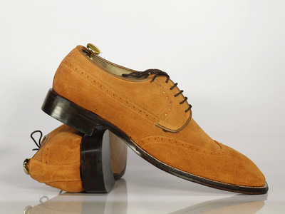 Men's Shoes Tan Leather Suede Whole Cut Lace Up Dress Shoes