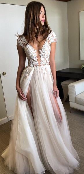 Long prom dress, ivory prom dress, seen through deep v neck prom dress, sexy prom dress, short sleeves prom dress,beach wedding dresses