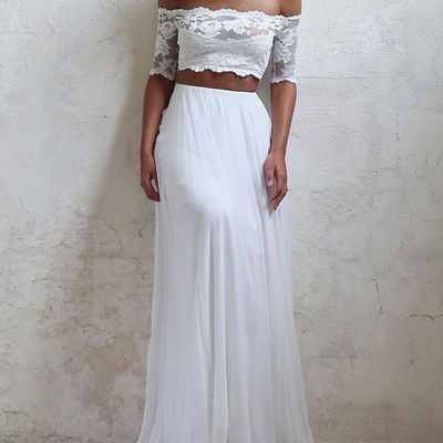 A line two piece off the shoulder beach wedding dress - Thumbnail 2