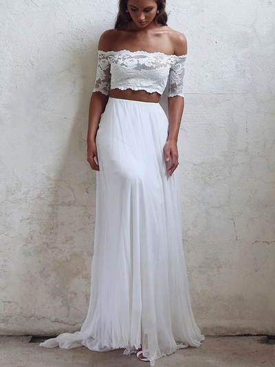 A Line Two Piece Off the Shoulder Beach Wedding Dress