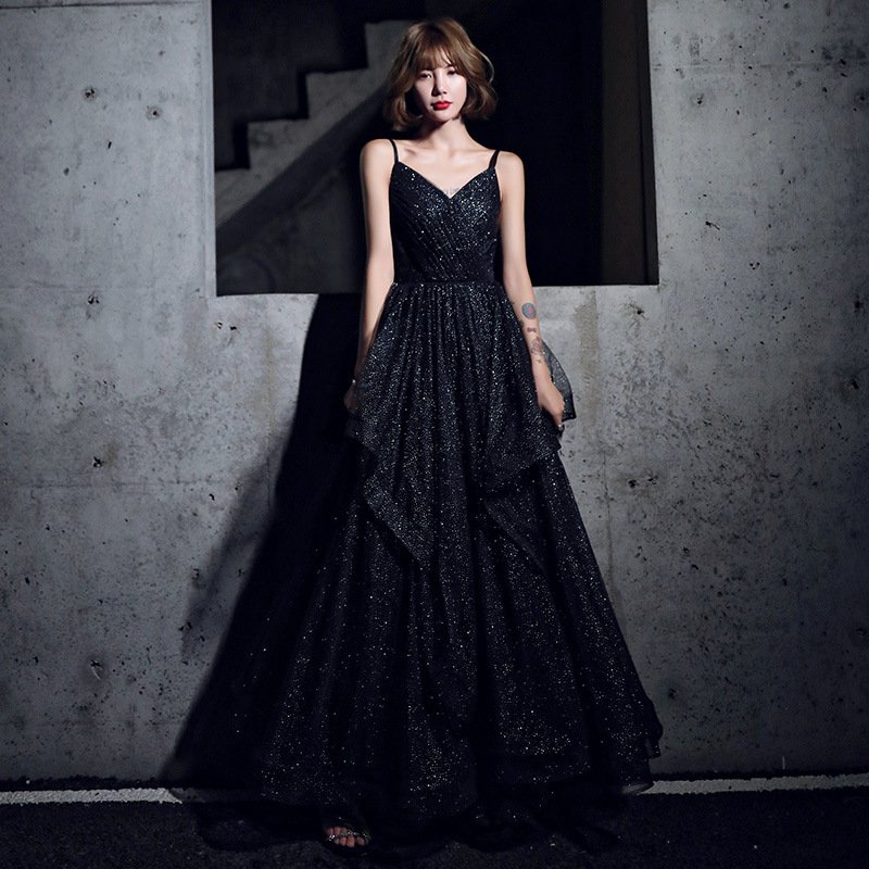 Black tulle long prom dress formal dress
