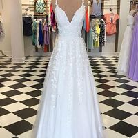 Cute A Line V Neck White Lace Prom Dress, Prom Party Dresses - Thumbnail 1