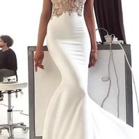 Elegant Chic Mermaid White Satin Wedding Dress, Champagne Lace Wedding Dress - Thumbnail 1