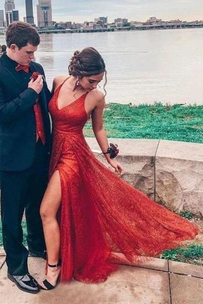 Sparkly V Neck Spaghetti Straps Red Prom Dress with Split, Party Dress