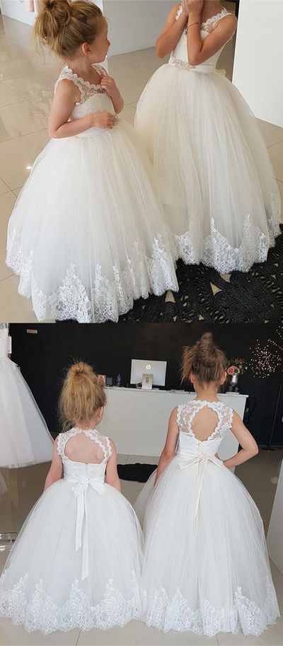 Ball Gown Round Neck Open Back Flower Girl Dress with Lace