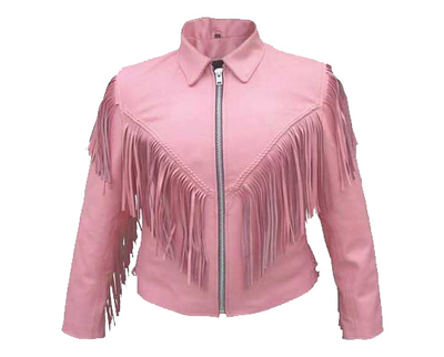Women's Pink Color Western Style Fringed Real Cowhide Leather Flap Collar Jacket