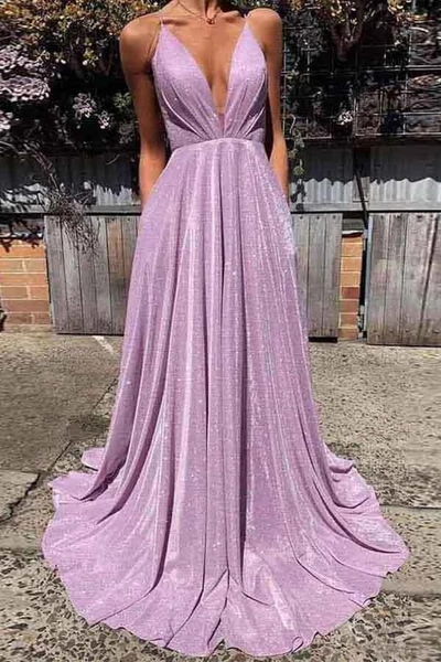 Sparkly Spaghetti Straps Sweep Train Sleeveless Criss-Cross Straps Lilac Long Tulle Prom Dress Evening Dress