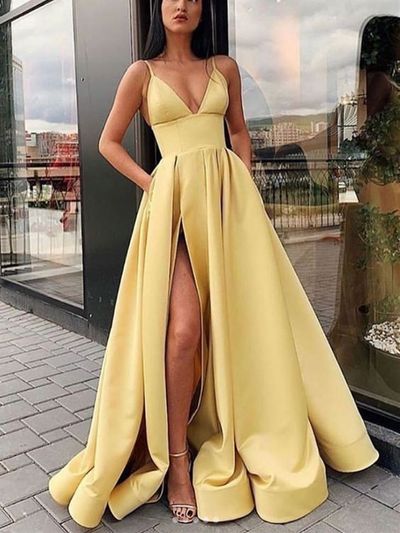 Yellow Satin Split Long Prom Dresses with Pockets, Simple Evening Dresses