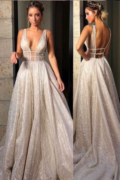 Sparkly Deep V Neck Wedding Dress Bridal Gown,Sequin Prom Dresses