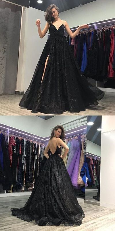 Elegant A-Line Black Sequins Prom Dresses with Side Split,Formal Evening Party Dresses