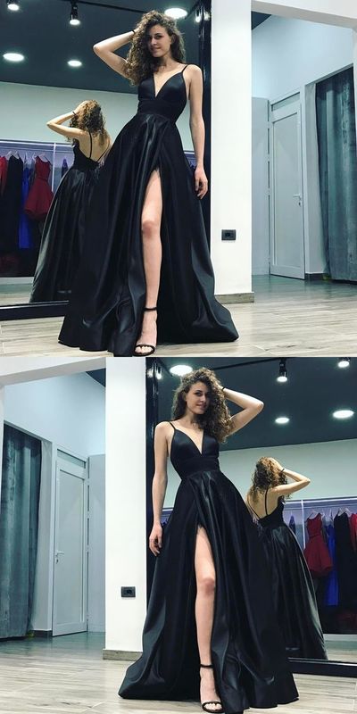 Sexy Side Slit Backless Spaghetti Straps A-line Long Evening Prom Dresses