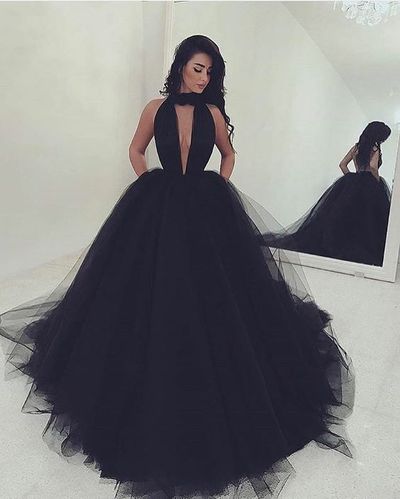 Ball Gown Halter Black Tulle Wedding Dresses,Evening Party Dresses