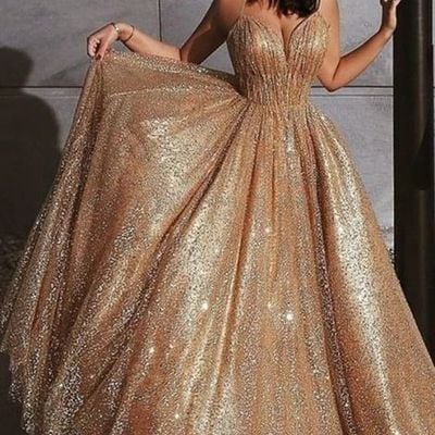 Spaghetti straps v-neck long gold sequins prom dresses,glitter wedding dresses - Thumbnail 5