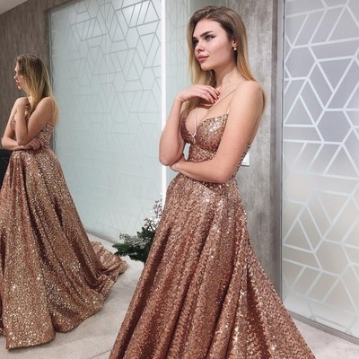 A Line V Neck Floor-Length Champagne Sequined Prom Dress
