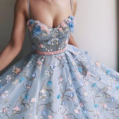 Quinceanera dresses,spaghetti strap 3d flower applique sky blue prom dresses ball gowns. - Thumbnail 4