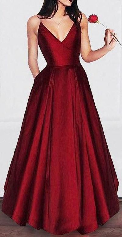 A-line V-neck Spaghetti Strap Burgundy Prom Dresses Long Evening Gowns
