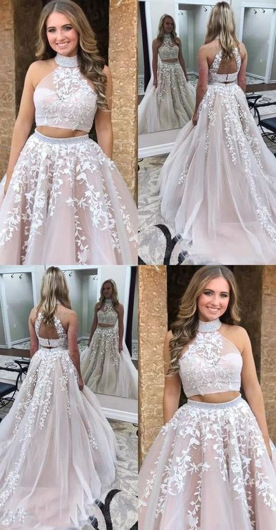 Two Piece High Neck Open Back Long Prom Dress with Appliques