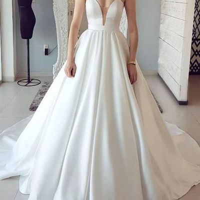 Sweetheart simple white prom dress satin sleeveless wedding dresses - Thumbnail 5