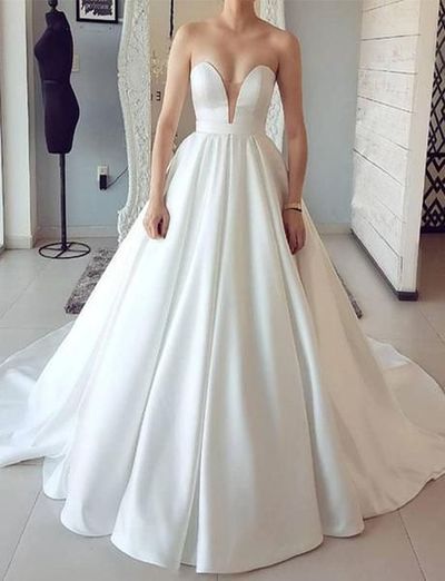 Sweetheart Simple White Prom Dress Satin Sleeveless Wedding Dresses