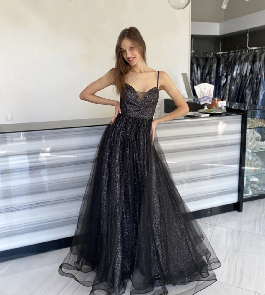Black tulle sequins long prom dress evening dress