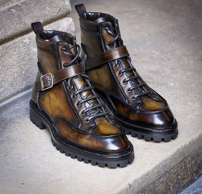 New Men’s Handmade Ankle High Brown Boots, Men’s Monk Strap Leather Boots