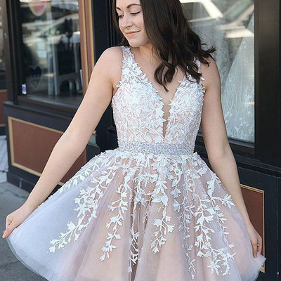 Cute a line v neck white & blush beading homecoming with appliques, sweet junior homecoming dress - Thumbnail 2