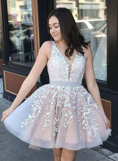 Cute A Line V Neck White & Blush Beading Homecoming with Appliques, Sweet Junior Homecoming Dress