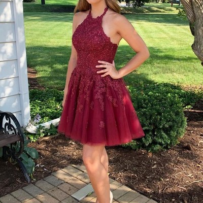 Short red beaded lace prom dress homecoming dresses graduation party dresses - Thumbnail 5