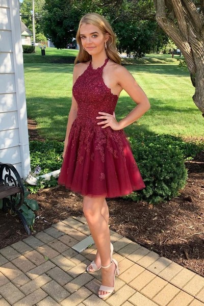 Short Red Beaded Lace Prom Dress Homecoming Dresses Graduation Party Dresses