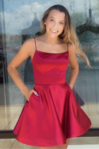 Scoop Neck A-Line Cross Back Satin Short Homecoming Dresses Under 100
