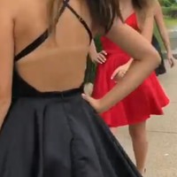 A-Line Sweetheart Cross Back Black Red Satin Short Homecoming Dresses,Graduation Party Dresses - Thumbnail 1