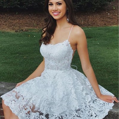 White lace scoop neck criss cross back prom dresses short homecoming dresses - Thumbnail 5