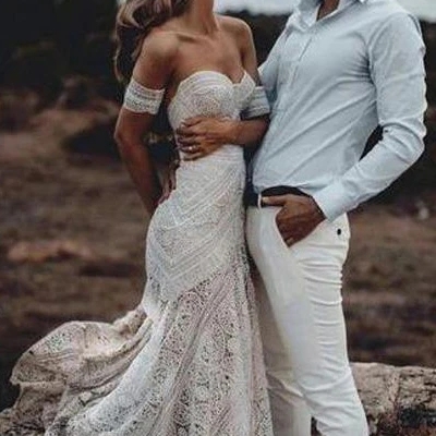 Mermaid lace sweetheart elegant bridal long wedding dresses, boho bridal dress  - Thumbnail 4