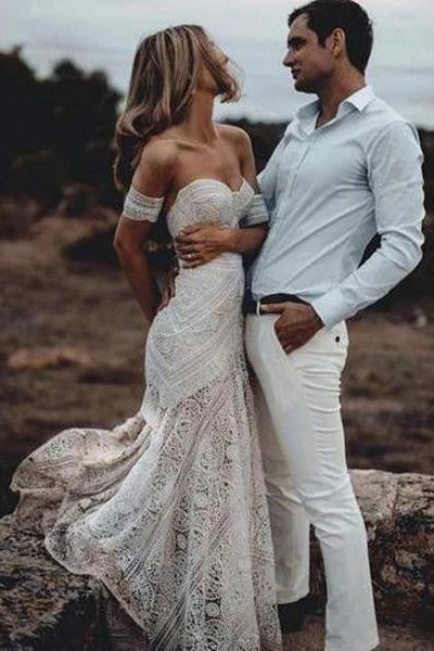 Mermaid Lace Sweetheart Elegant Bridal Long Wedding Dresses, Boho Bridal Dress