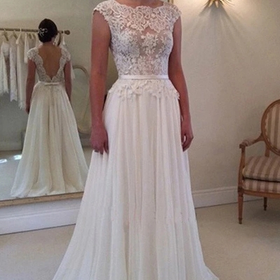 A-line lace appliqued cap sleeves ivory chiffon bridal dress,long beach wedding dresses - Thumbnail 5