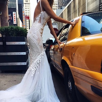 Luxurious ivory straps mermaid sleeveless long deep v-neck tulle wedding dress with lace - Thumbnail 5