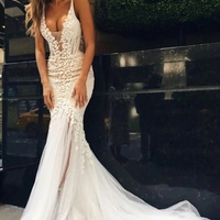 Luxurious Ivory Straps Mermaid Sleeveless Long Deep V-neck Tulle Wedding Dress with Lace - Thumbnail 1