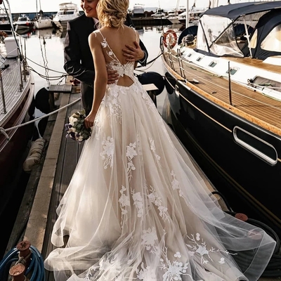 Romantic tulle appliqued a-line wedding dresses with chapel train  - Thumbnail 5