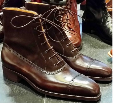Men's Brown Ankle Wing Tip Lace Up Leather Suede Cap Toe Handmade Boots