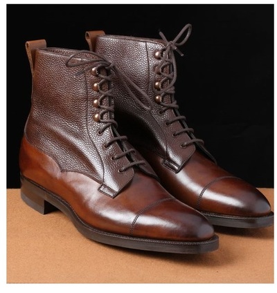 Men's Brown Color Pebbled Leather Boot, Cap Toe Ankle High Dress Lace Up Handmade Boot