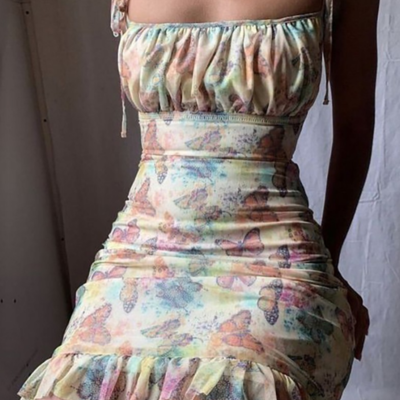 Sexy butterfly print sling open back dress - Thumbnail 4