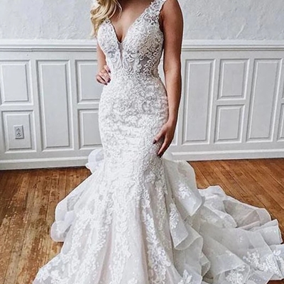 Gorgeous mermaid v neck white sleeveless tulle wedding dresses with appliques  - Thumbnail 5