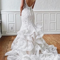 Gorgeous Mermaid V Neck White Sleeveless Tulle Wedding Dresses with Appliques  - Thumbnail 1