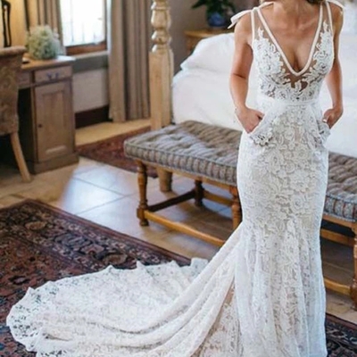 Mermaid deep v-neck beach wedding dress,sleeveless ruched lace bridal dresses - Thumbnail 4