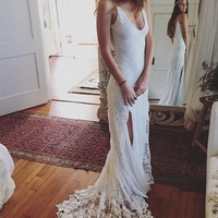 Romantic Boho Deep U Neck Wedding Dresses Backless Lace Mermaid Wedding Gown - Thumbnail 2