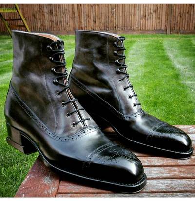 Men's Black Ankle Cap Toe Lace Up Leather Dress Boots